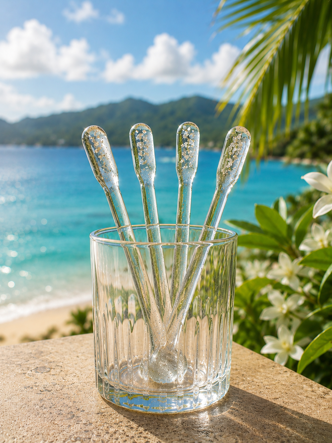 Handmade Fused Glass Cocktail Stirrers – Set of 4 | Clear Glass with Silver Flecks | Luxury Drink Stirrers